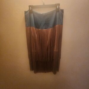 ODDY Blue and Brown Fringe Midi Skirt